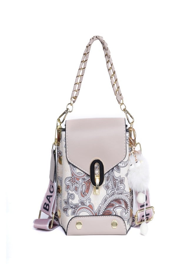 SANTORINI Paisley Mini Luxe Sling Bag for Women | Premium Faux Leather | 2 Compartments | Twist Lock | Bag Charm | Extra Sling Strap (Khaki) - Image 1